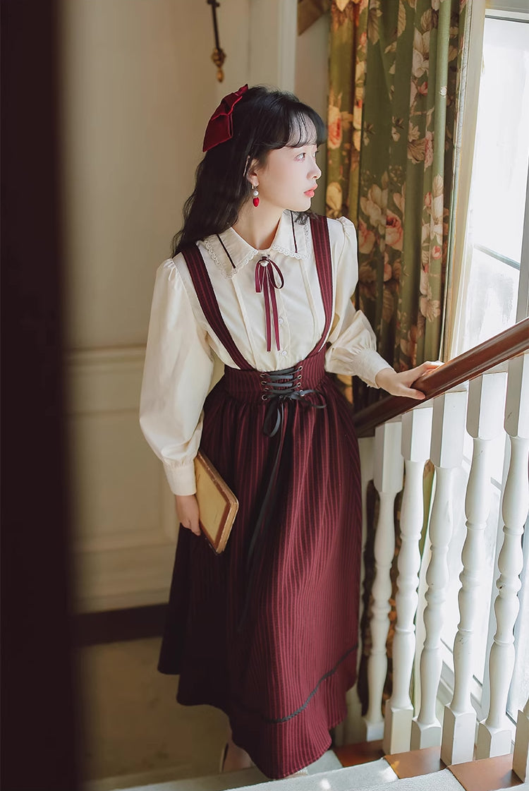 Long Sleeve Crepe Suspender Skirt Set (2 Colors)