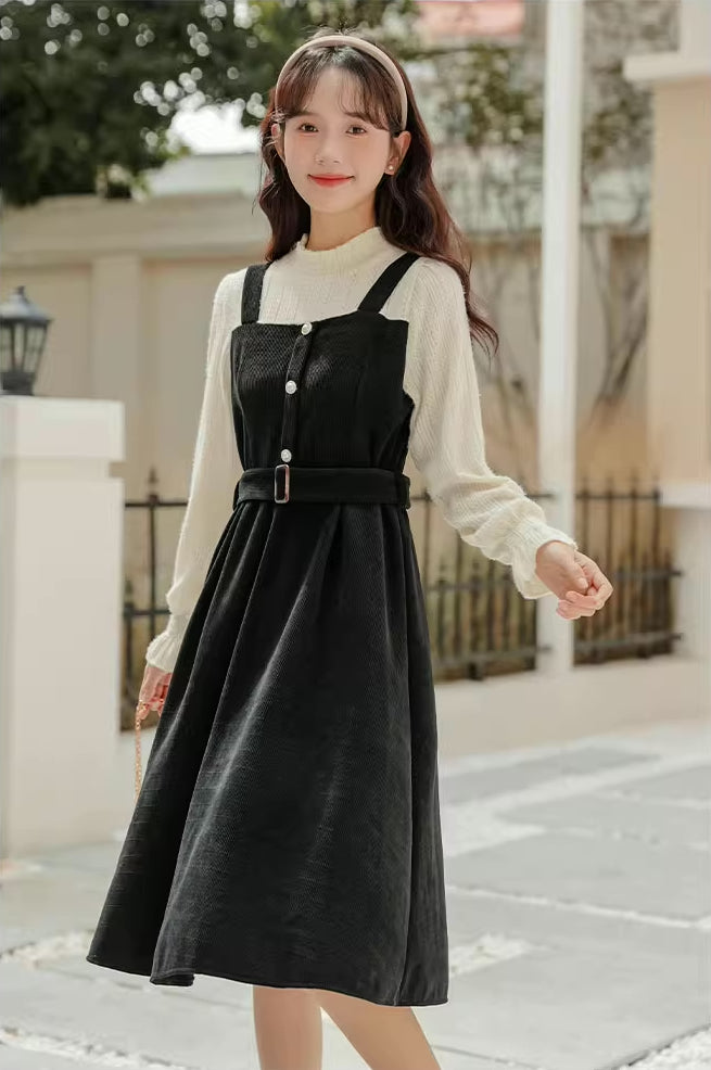 Corduroy Knit Belted Twofer Midi Dress (2 Colors)