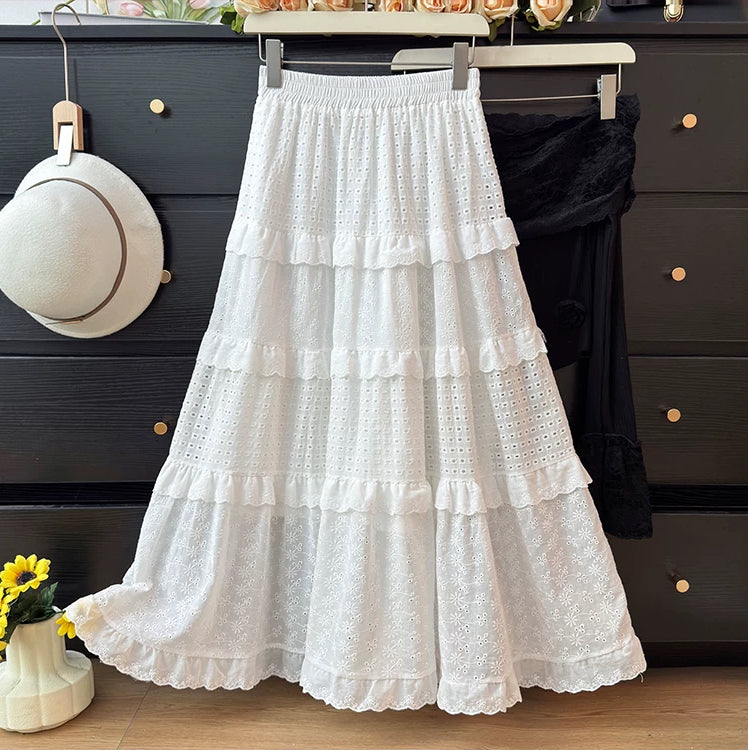 Broderie Tiered Midi Skirt (White)