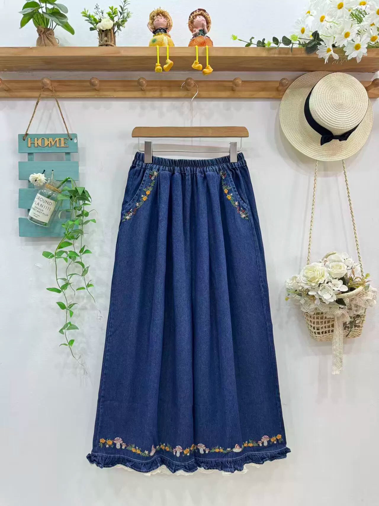 Forest Floor Embroidered Denim Pants (2 Colors)