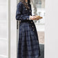 Academia Plaid Button Midi Dress (Navy)