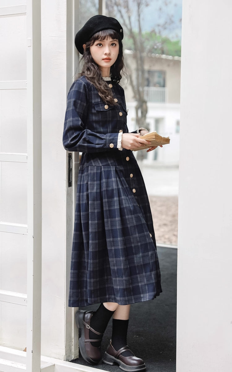 Academia Plaid Button Midi Dress (Navy)