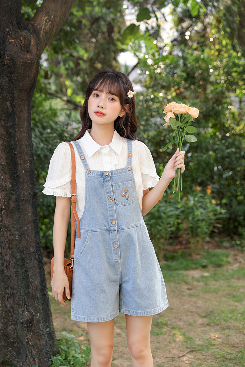 Button Up Poppy Short Overalls (Light Denim)