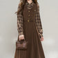 Chocolate Plaid Corduroy Twofer Midi Dress (Brown)