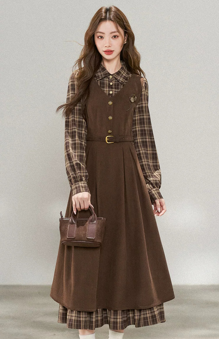 Chocolate Plaid Corduroy Twofer Midi Dress (Brown)