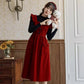 Velvet Frilly Bow Pinafore Dress (Red)