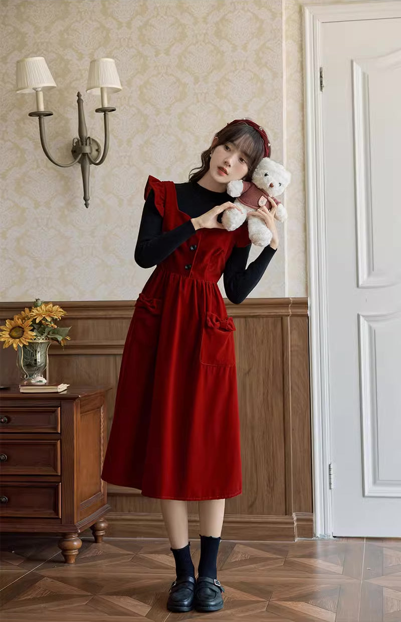 Frilly Bow Pinafore Dress (Red) S