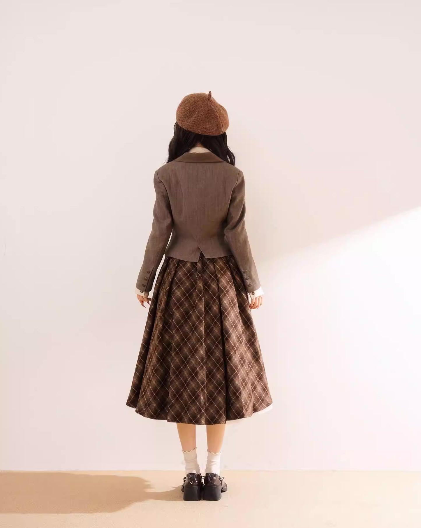 Newsgirl Plaid Suspender Skirt & Blouse Set (2 Colors)