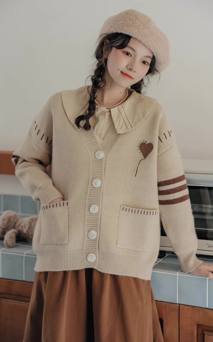 Stitched Up Heart Cardigan (Khaki)