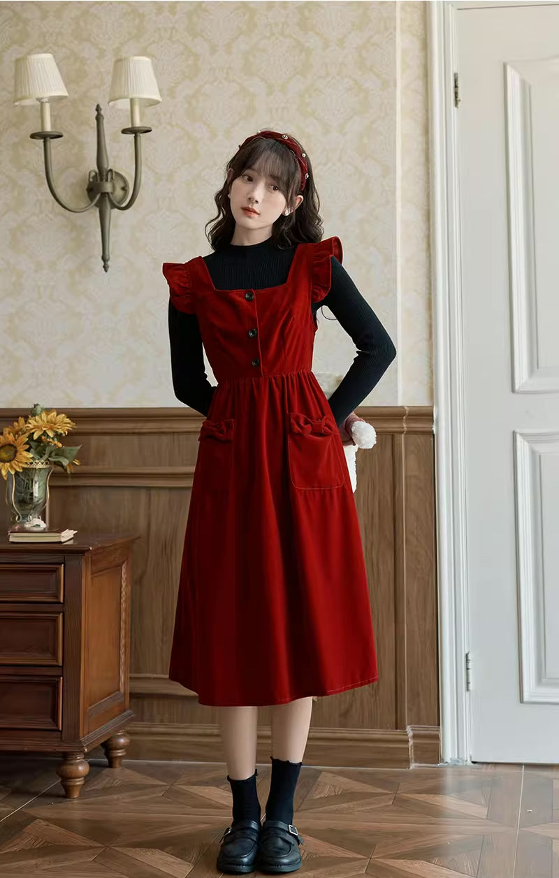 Velvet Frilly Bow Pinafore Dress (Red)