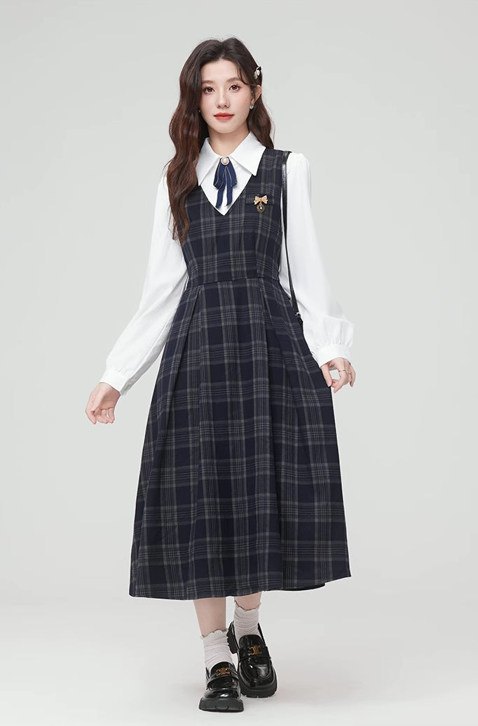 Oxford Plaid Midi Pinafore & Blouse Set (Navy)