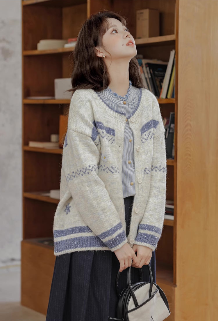 Embroidered Floral Fair Isle Cardigan (Off-White)