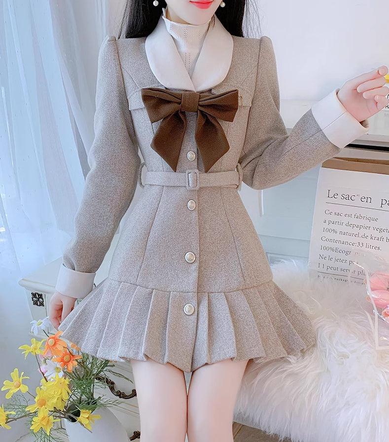 Peter Pan Collar Bow Mini Dress Coat (2 Colors)