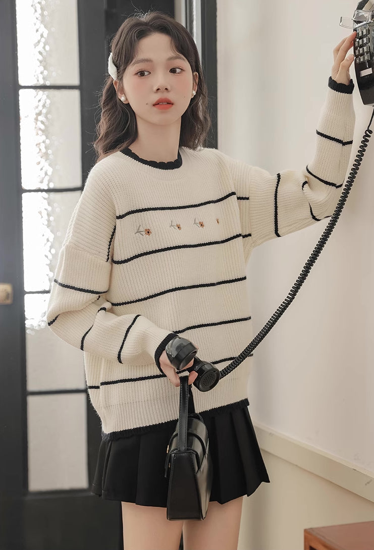 Emily Floral Stripe Sweater (White/Black)