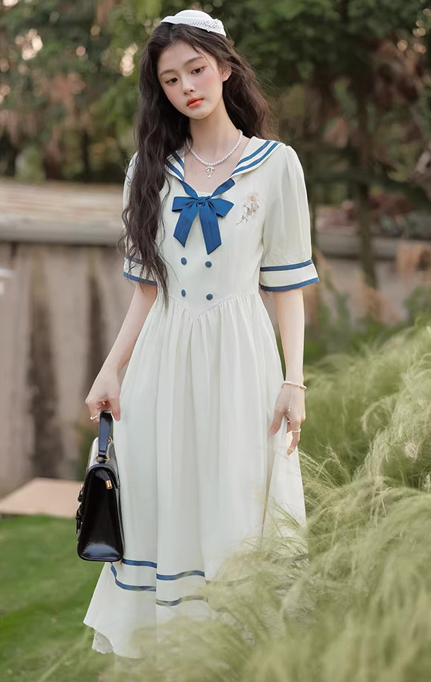 Sailor Girl Midi Dress (White/Blue)