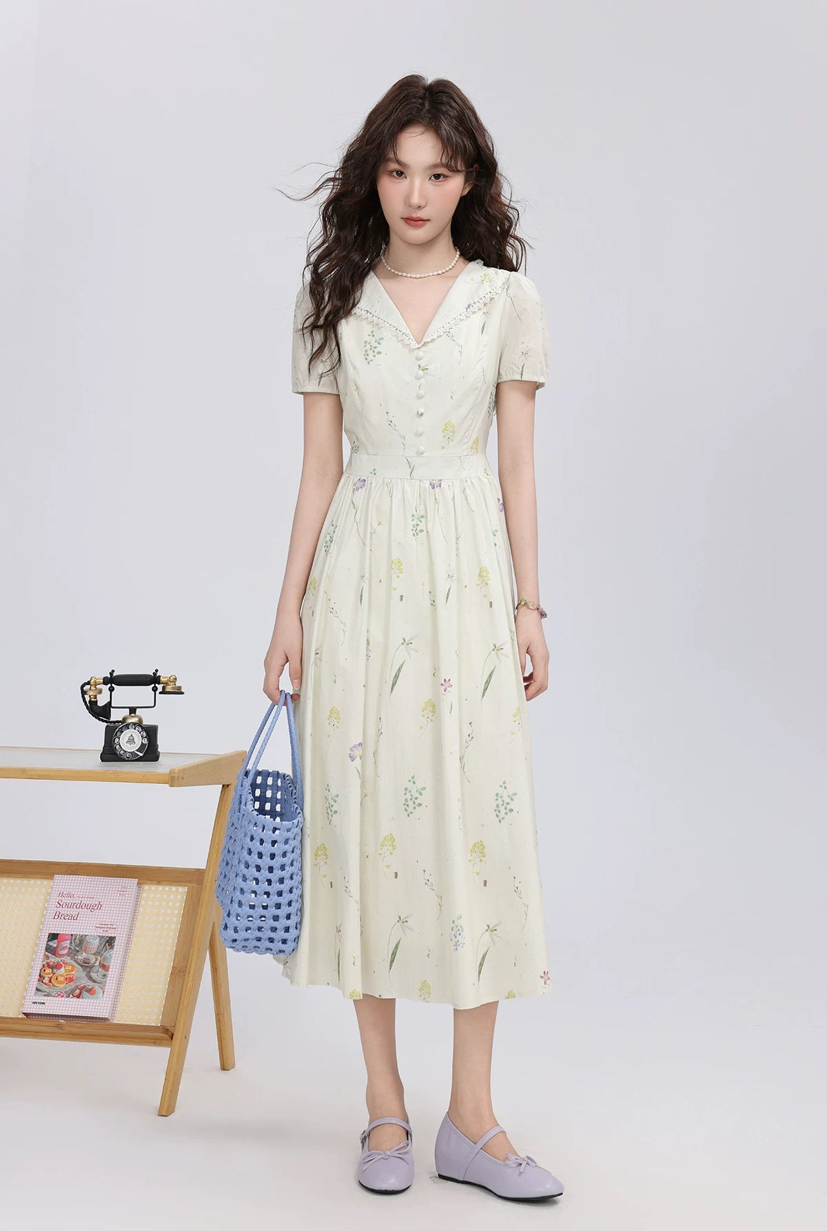 Dried Flowers Midi Shirt Dress (Cream)