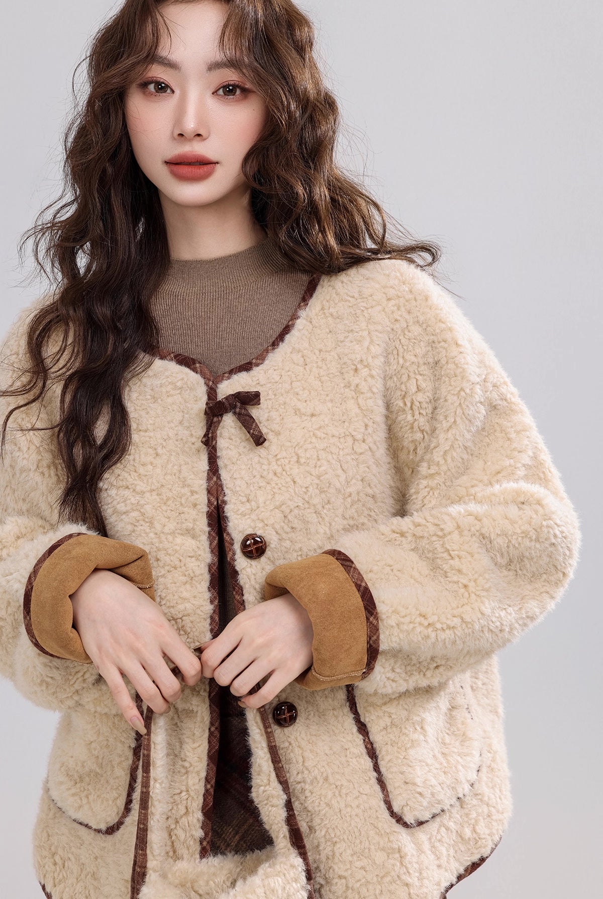 Round Neck Teddy Jacket (Khaki)
