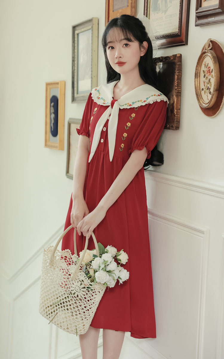 Floral Embroidered Sailor Midi Dress (Red)