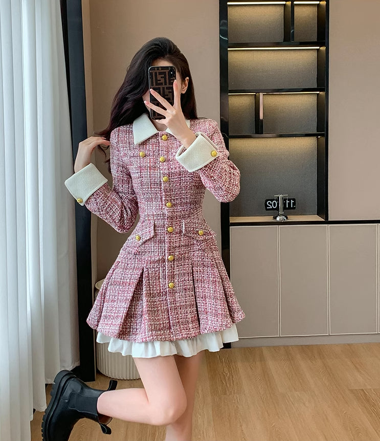 Flirty Plaid Tweed Mini Dress (Pink)