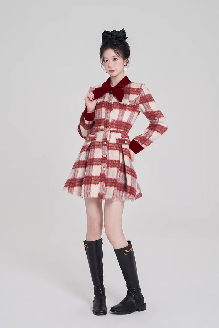 Fuzzy Candy Cane Plaid Mini Dress (Red/White)