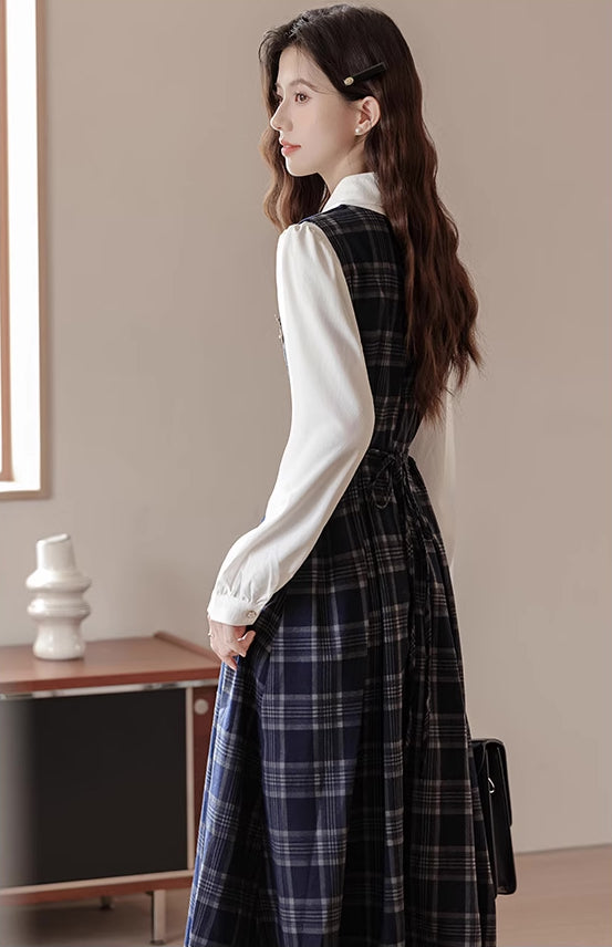 Oxford Plaid Midi Pinafore & Blouse Set (Navy)