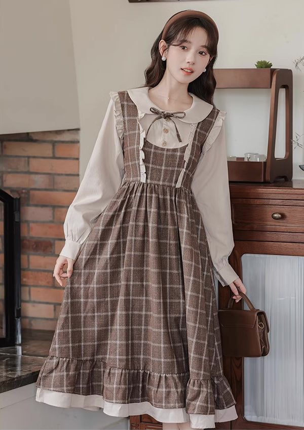 Cocoa Plaid Twofer Midi Dress (Khaki)