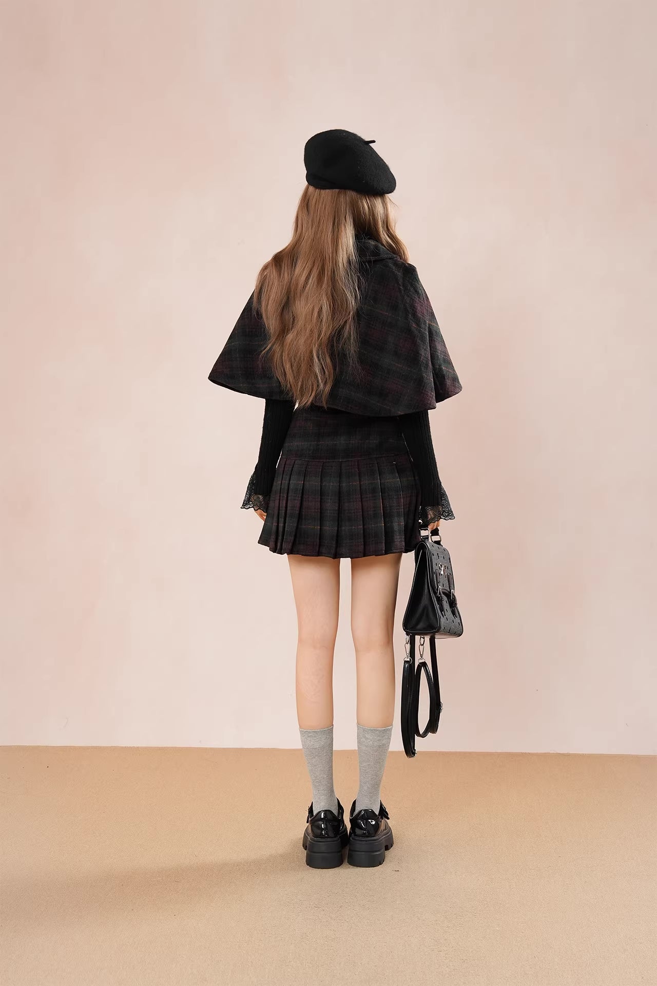 Black Forest Plaid Capelet & Mini Skirt Set (Green/Purple)