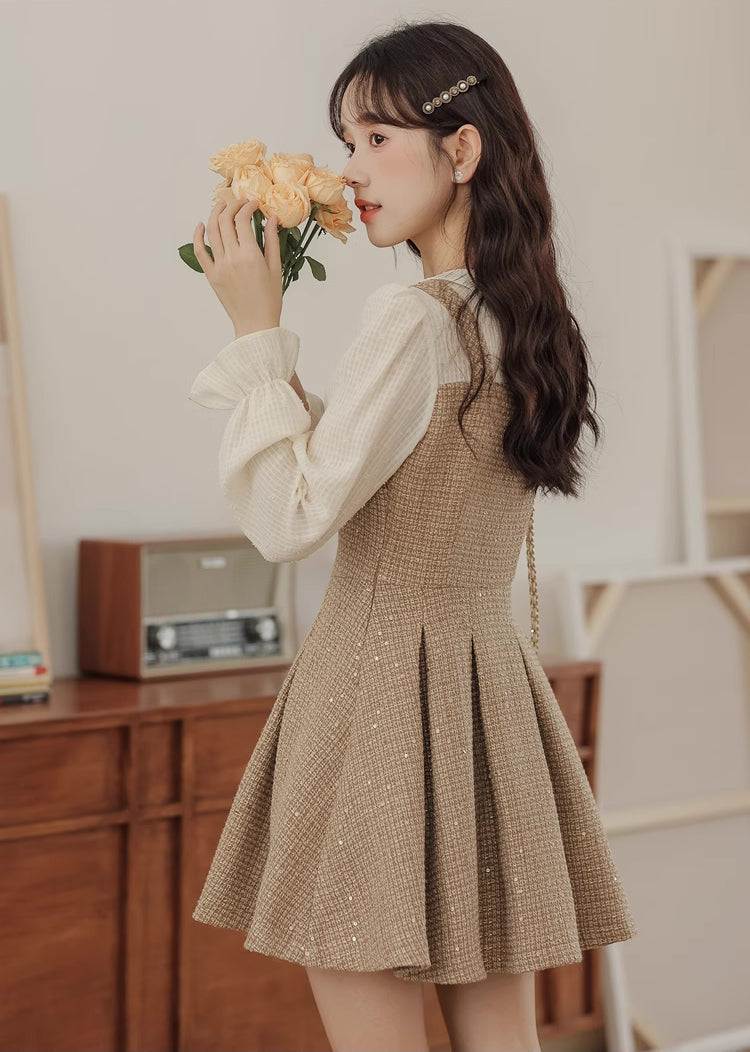 Latte Tweed Mini Twofer Dress (Khaki)