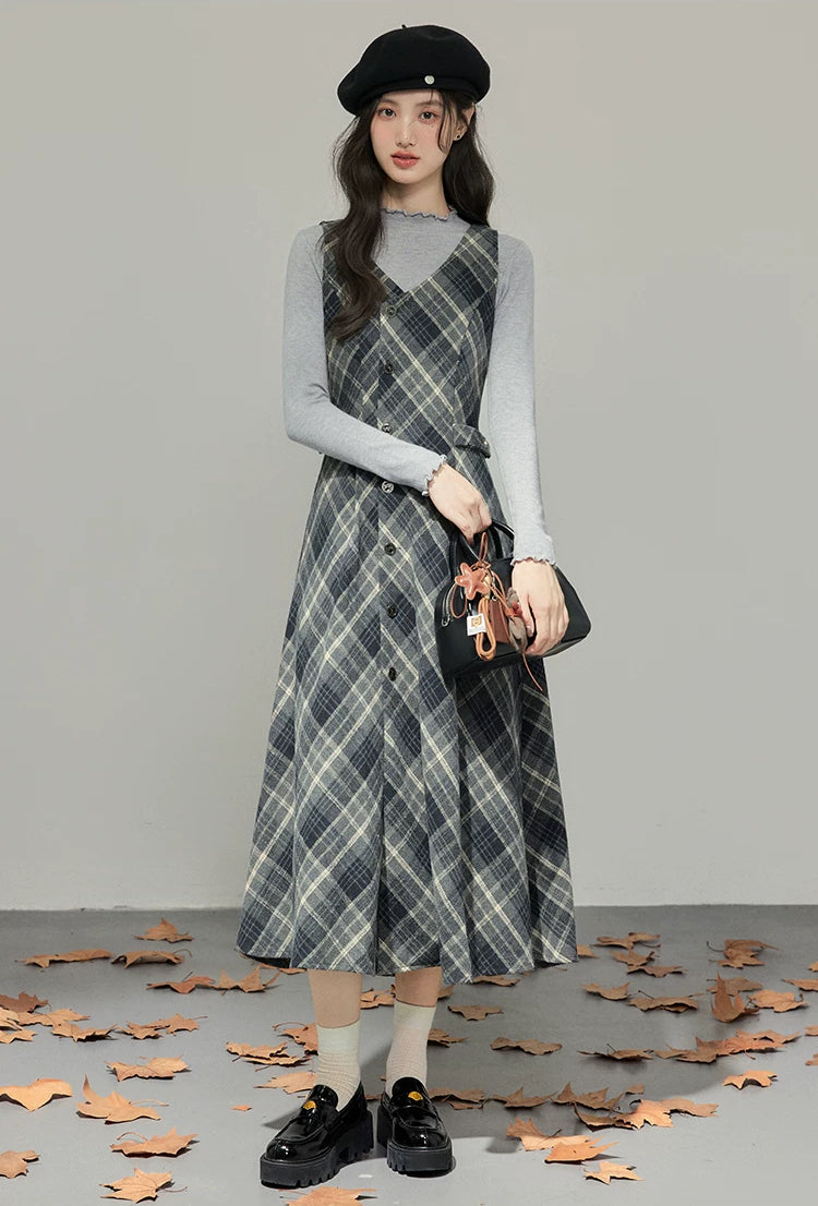 Midnight Plaid Pinafore Midi Dress (Grey)