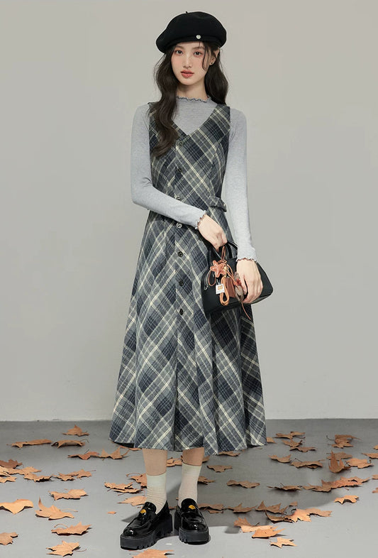 Midnight Plaid Pinafore Midi Dress (Grey)