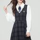 Oxford Plaid Midi Pinafore & Blouse Set (Navy)