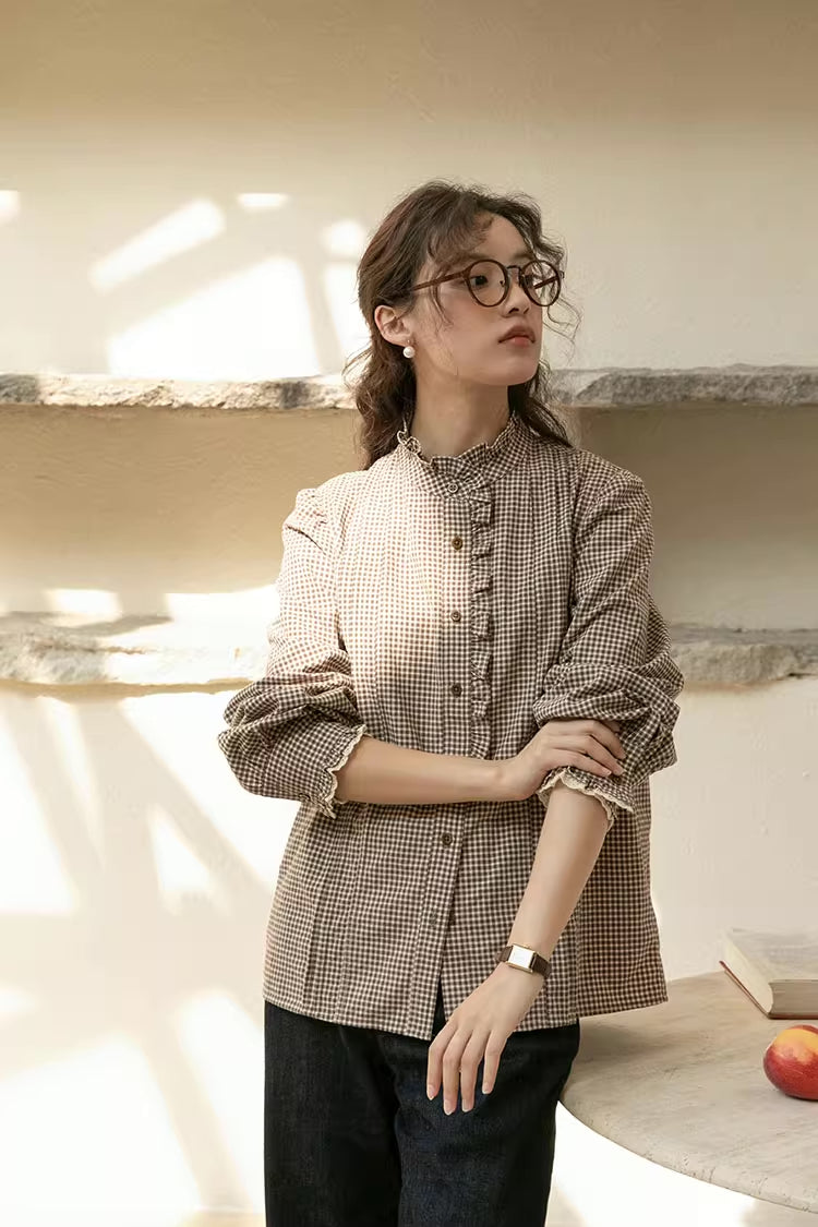 Gingham Plaid Ruffle Blouse (Coffee)