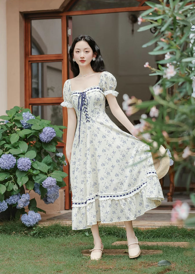 Porcelain Rose Lace Up Midi Dress (White/Blue)