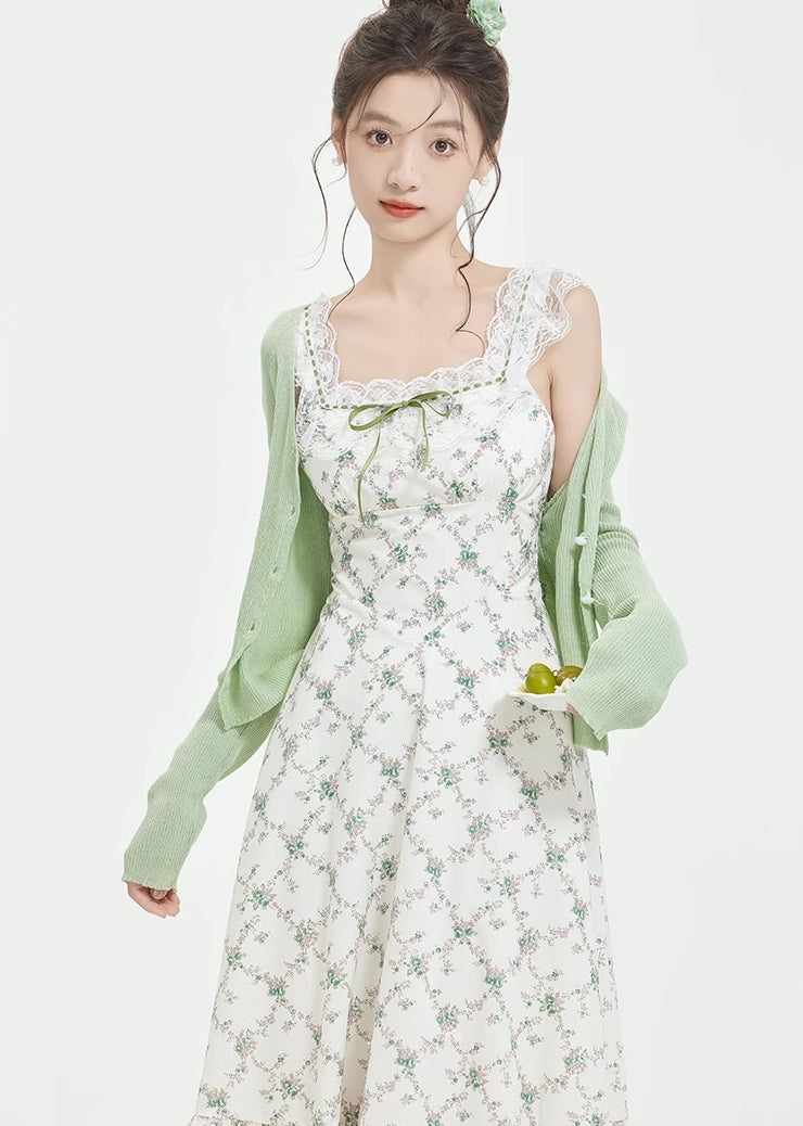 Rose Kiss Cami Dress (White/Green)