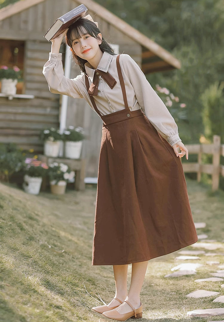 Corduroy Suede Suspender Skirt Blouse Brown