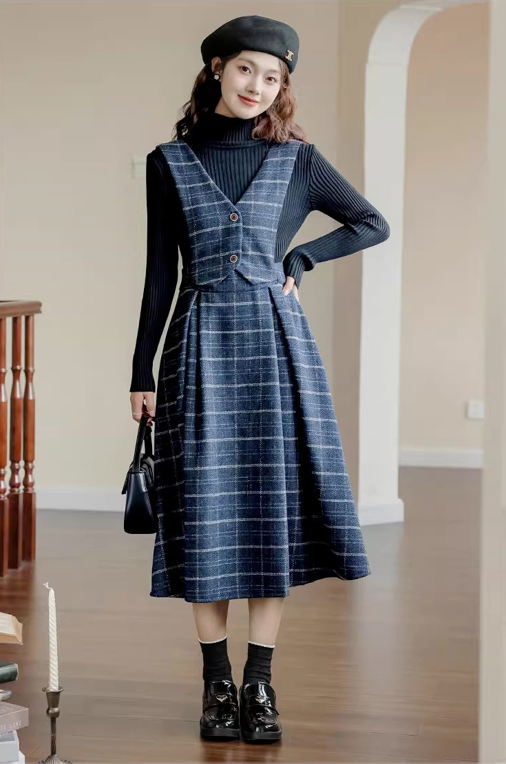 blue plaid pinafore dress Pinafore Dress in Blue Plaid Cord With Ribbed Top 12M
