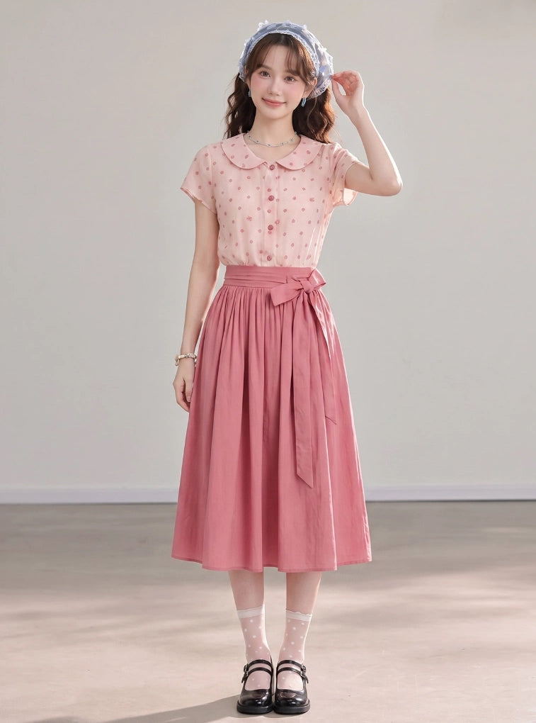 Polka Dot Bow Twofer Midi Dress (Pink)