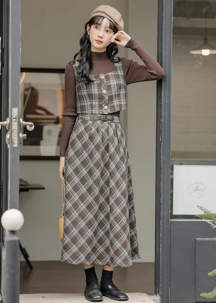 Mint Mocha Plaid Two-Piece Midi Set (Brown)