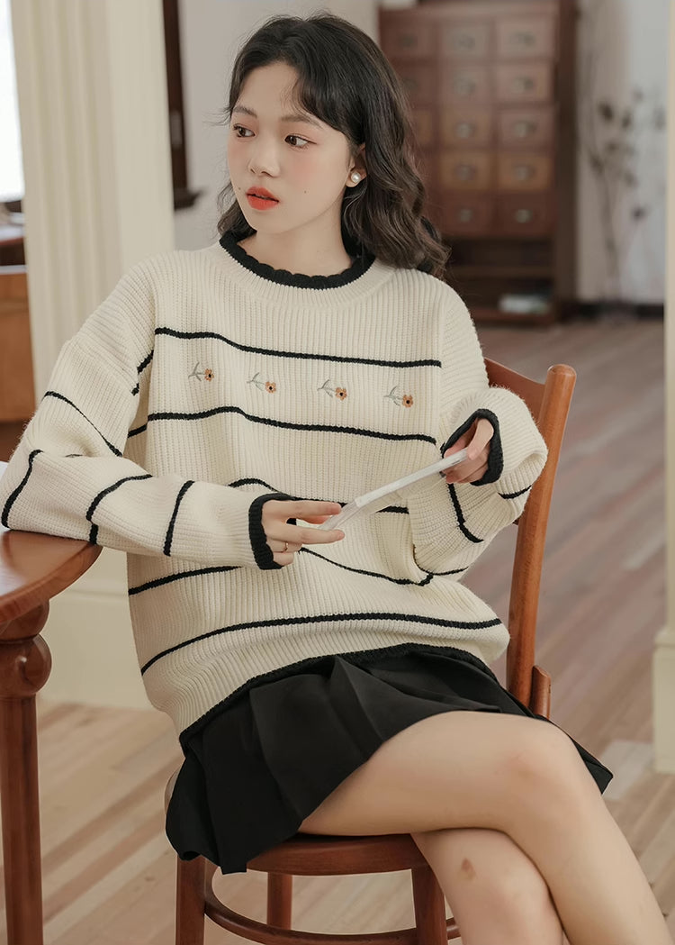 Emily Floral Stripe Sweater (White/Black)