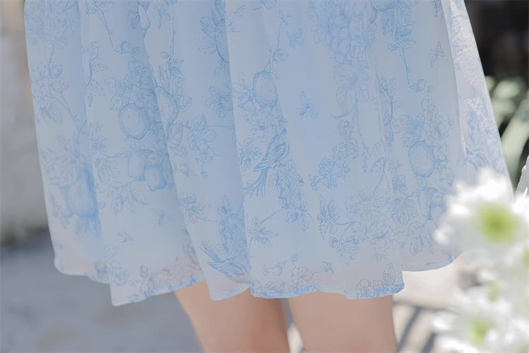 Porcelain Sketch Mini Babydoll Dress (White/Blue)
