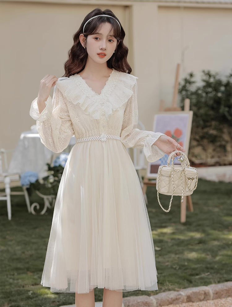 V-Neck Lace & Tulle Midi Dress (2 Colors) Cream / M