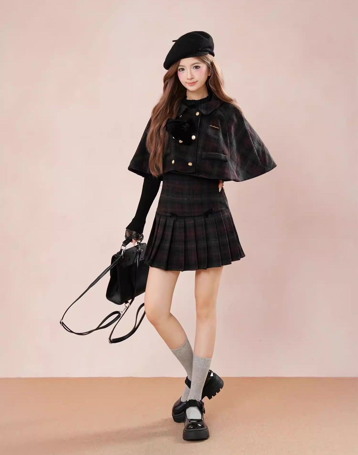 Black Forest Plaid Capelet & Mini Skirt Set (Green/Purple)