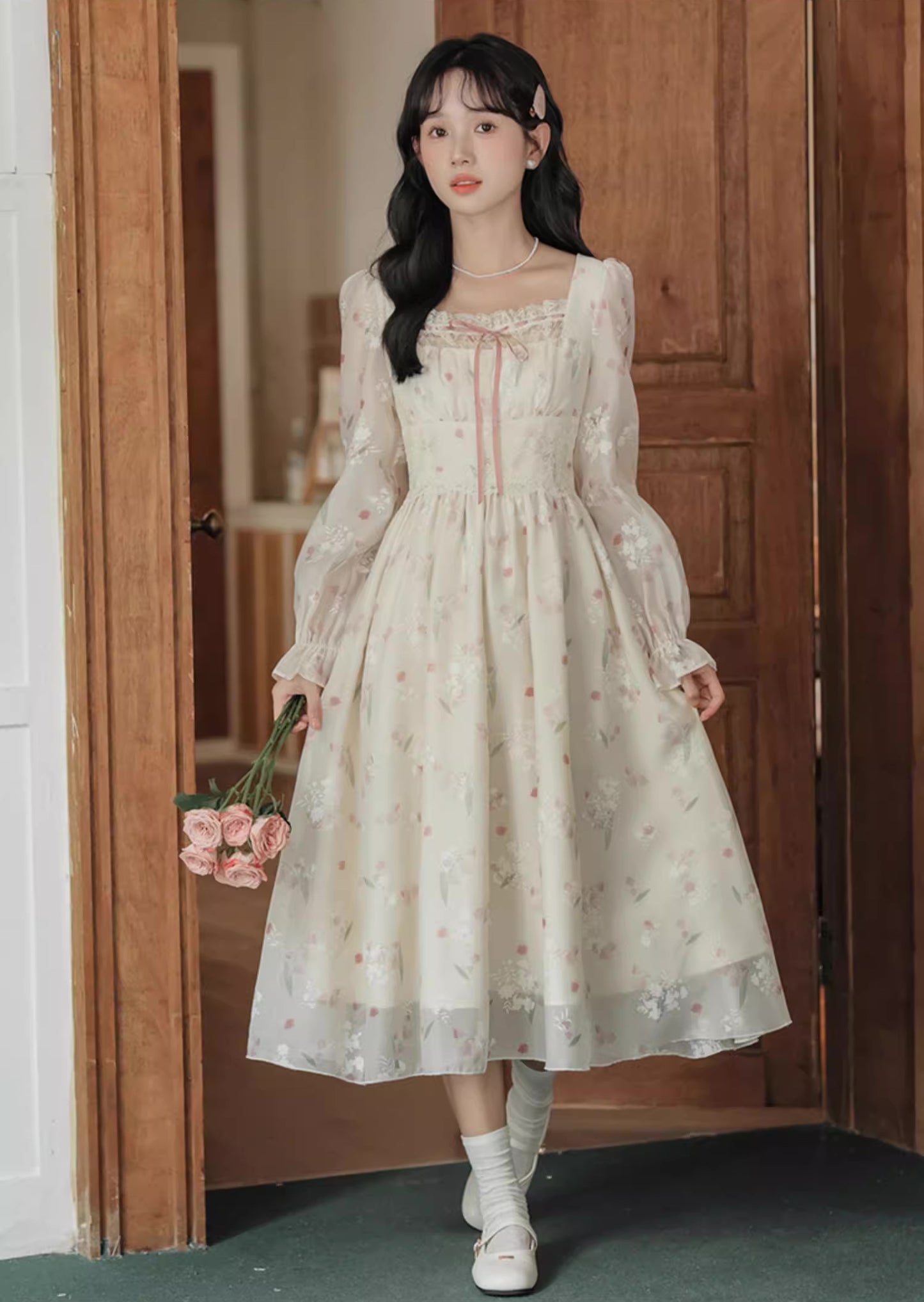 Pinkbells Midi Dress (Cream/Pink)