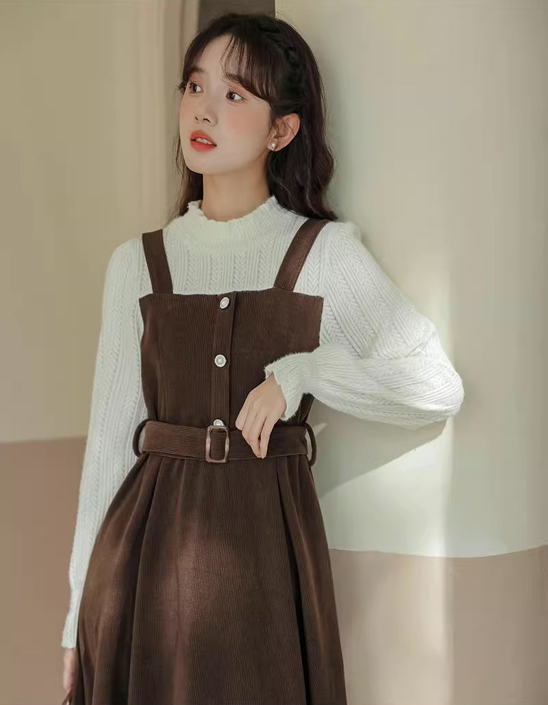 Corduroy Knit Belted Twofer Midi Dress (2 Colors)