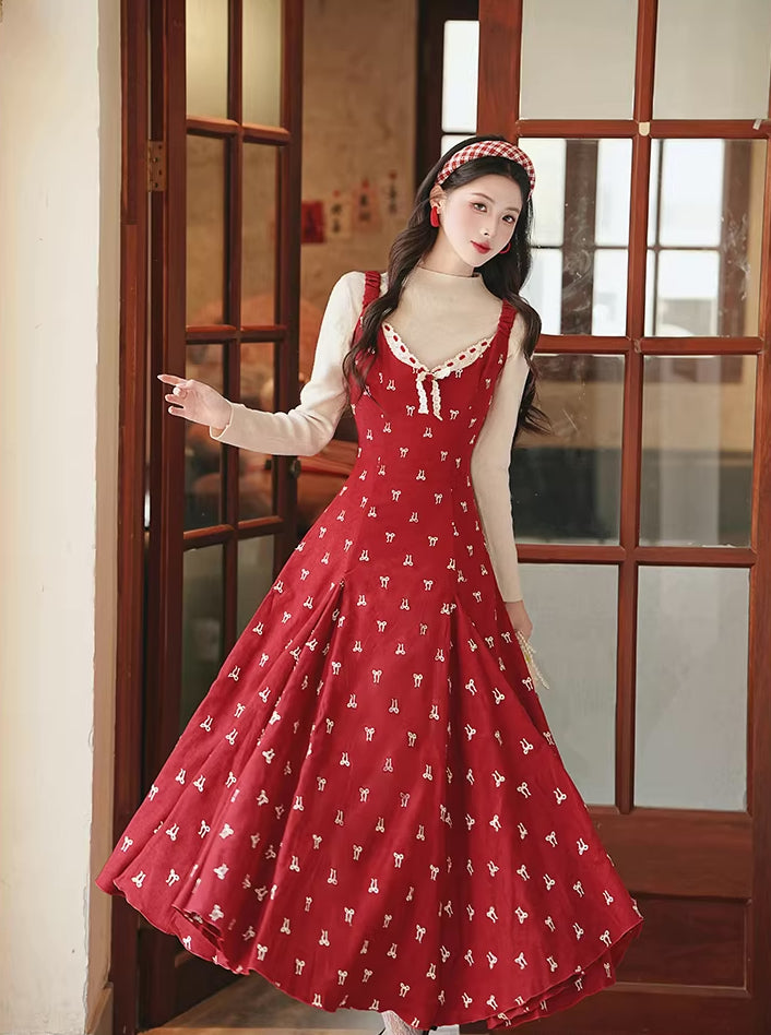 Lucky Bows Midi Dress (Red)