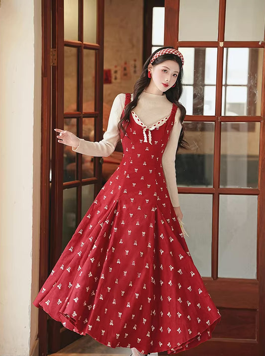 Lucky Bows Midi Dress (Red)