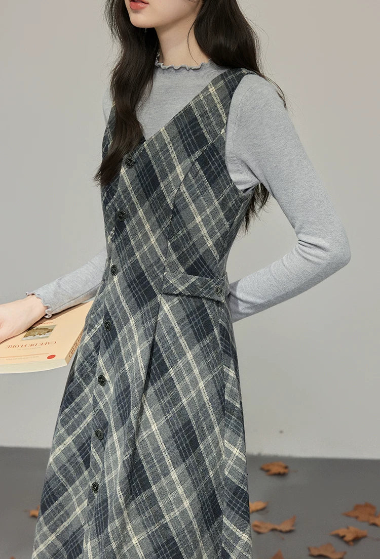 Midnight Plaid Pinafore Midi Dress (Grey)