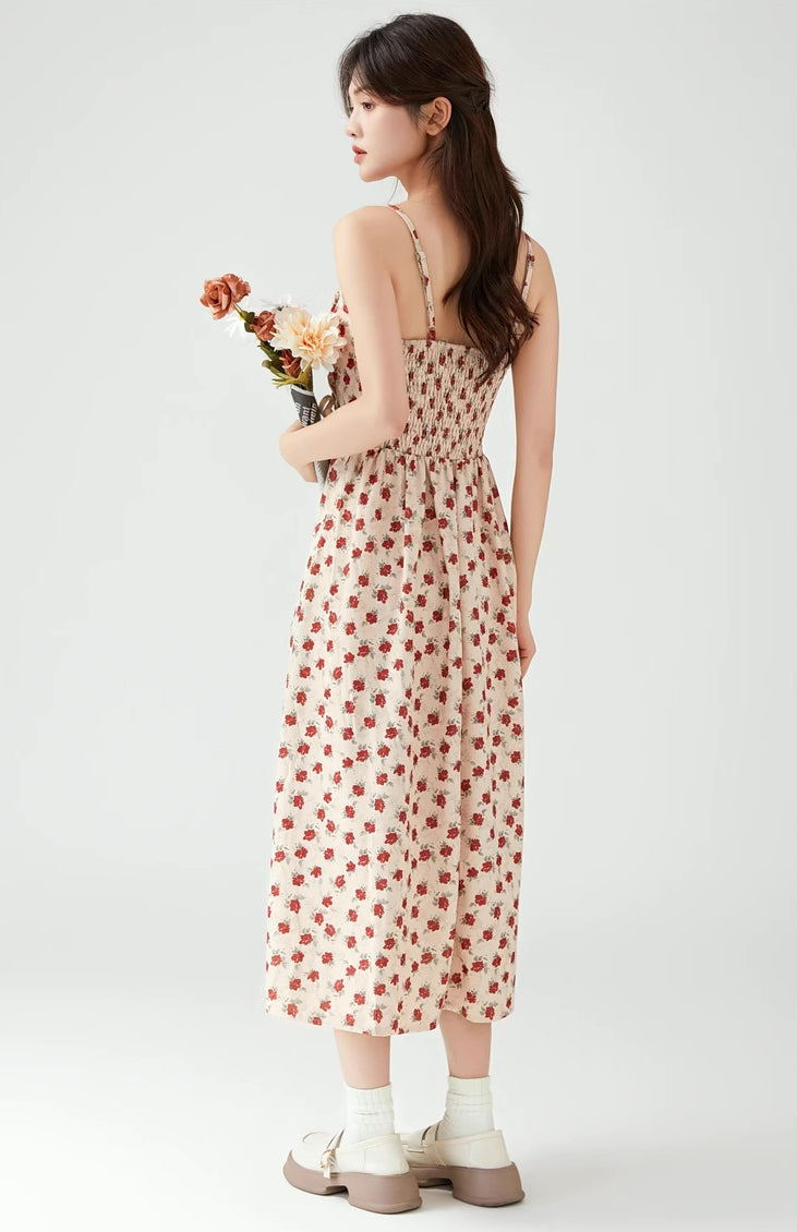 Lace Up Floral Cami Midi Dress (Beige/Red)