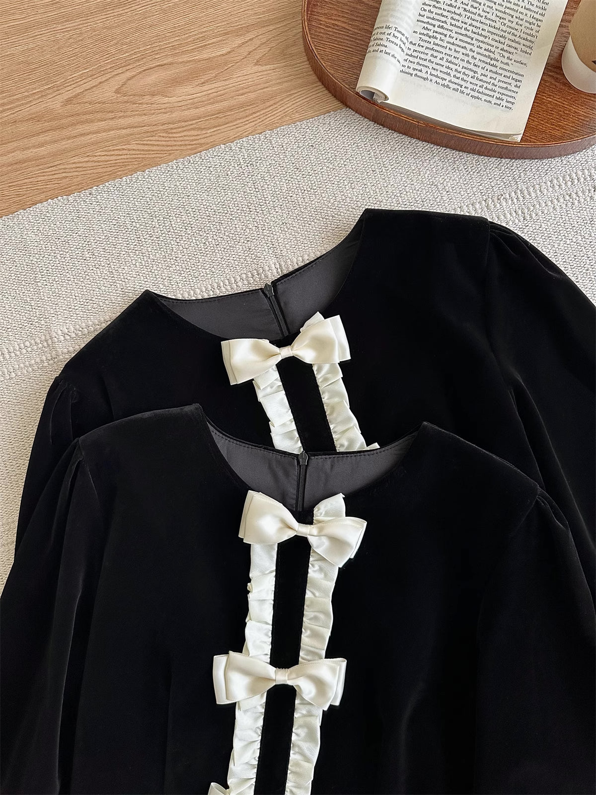 Velveteen Bow Mini Dress (Black)