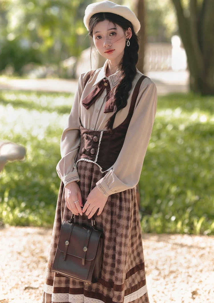 Mocca Plaid Suspender Skirt (Brown)
